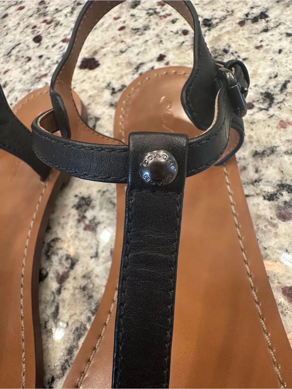 Coach Black T-Strap Leather Sandals with Tan Footbed